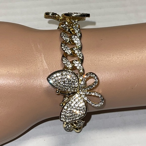 FASHION JEWELRY STAINLESS STEEL BUTTERFLY BRACELET RHINESTONE GOLD CUBAN CHAIN - Picture 5 of 14